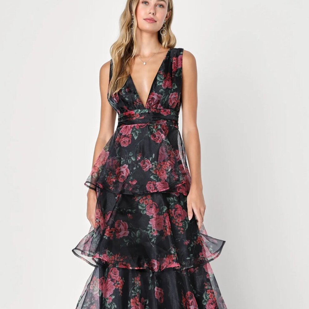 Lulu's Garden Radiance Black Floral Print Organza Tiered Maxi Dress